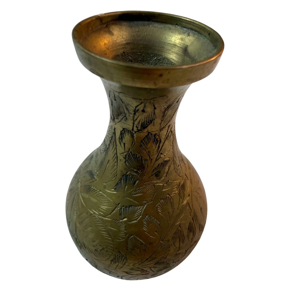 Vintage Etched Brass Bud Vase Hand Engraved Floral Boho Hollywood Regency Decor